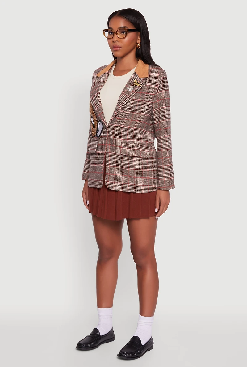 Womens Chenille Bear Graphic Plaid Blazer with Padded Shoulders, Brown, Size L
