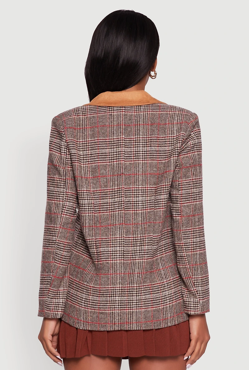 Womens Chenille Bear Graphic Plaid Blazer with Padded Shoulders, Brown, Size L