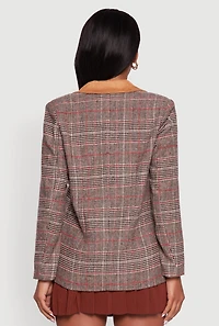 Womens Chenille Bear Graphic Plaid Blazer with Padded Shoulders, Brown, Size L