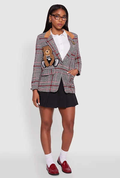 Womens Chenille Bear Graphic Plaid Blazer with Padded Shoulders, Grey, Size L