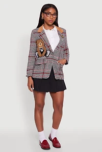Chenille Bear Graphic Plaid Blazer with Padded Shoulders