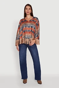 Faux Suede Aztec Print Fringe Poncho