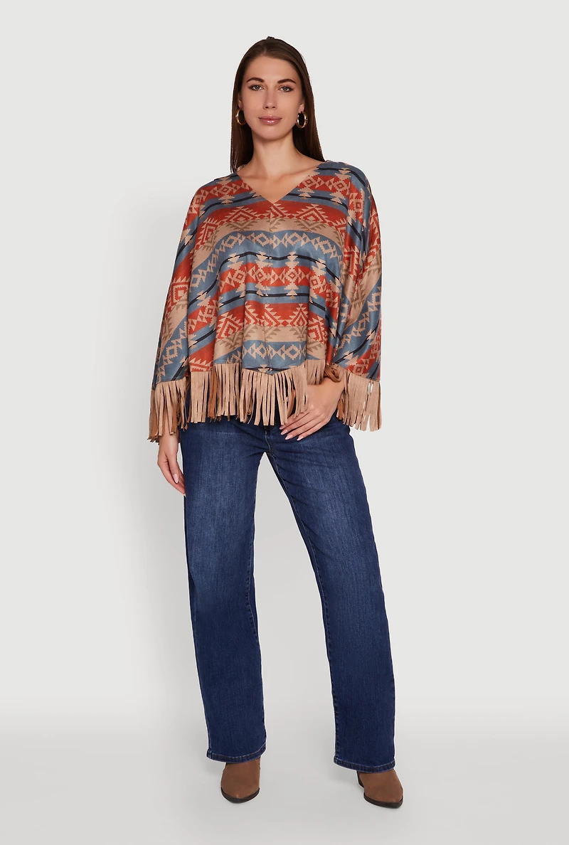 Faux Suede Aztec Print Fringe Poncho
