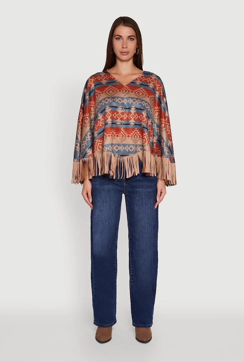 Faux Suede Aztec Print Fringe Poncho