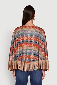 Faux Suede Aztec Print Fringe Poncho