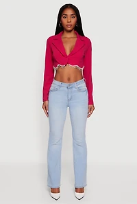 Womens Rhinestone Trim Copped Crepe Knit Blazer, Pink, Size L