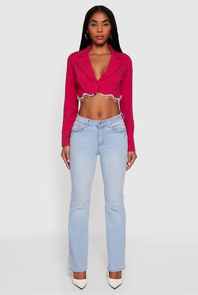 Rhinestone Trim Copped Crepe Knit Blazer