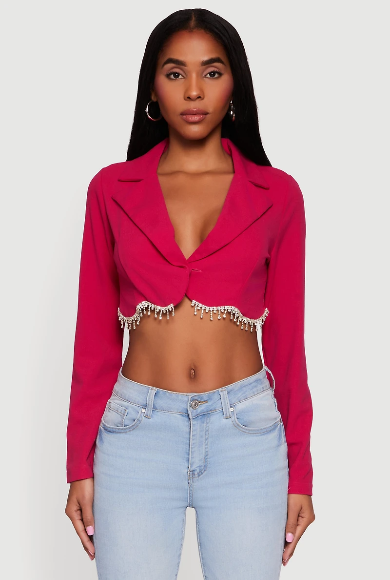 Rhinestone Trim Copped Crepe Knit Blazer