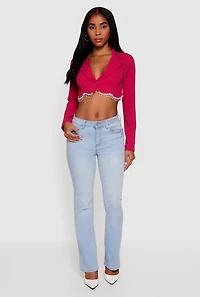 Womens Rhinestone Trim Copped Crepe Knit Blazer, Pink, Size L