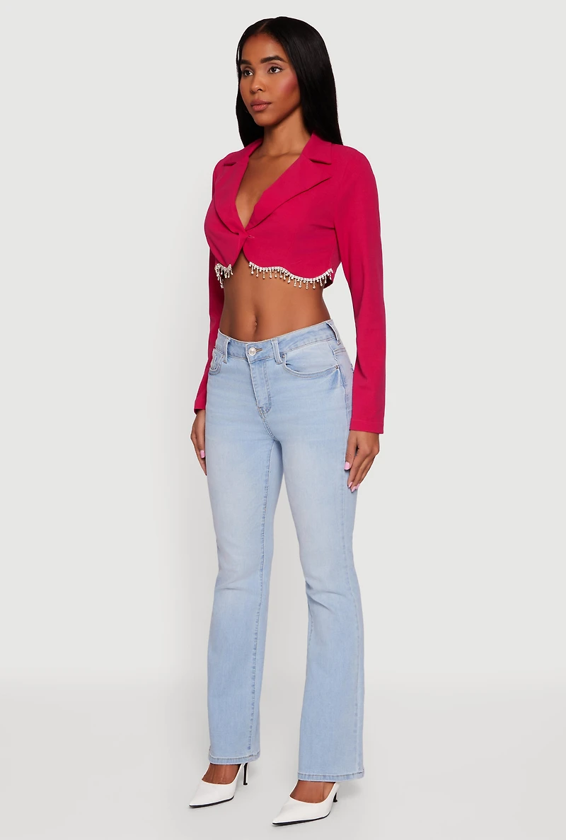 Rhinestone Trim Copped Crepe Knit Blazer