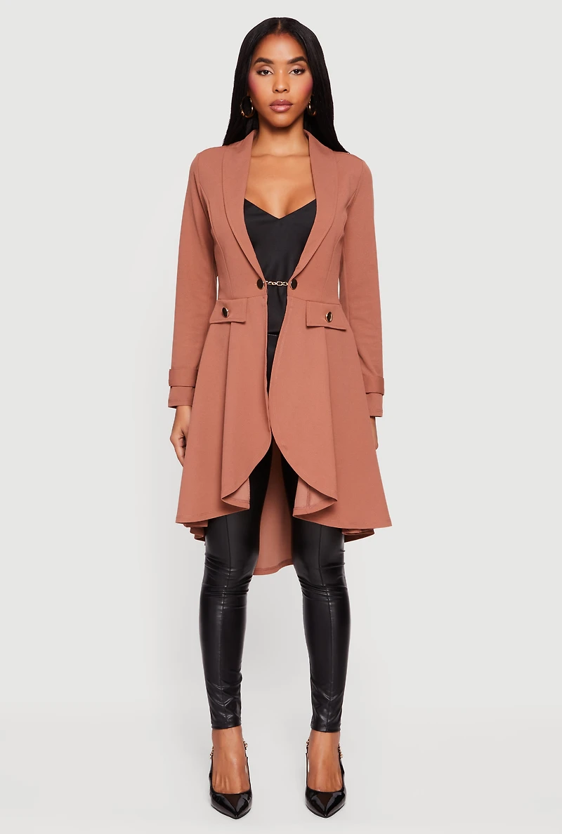 Womens High Low Blazer with Chain Closure, Brown, Size M