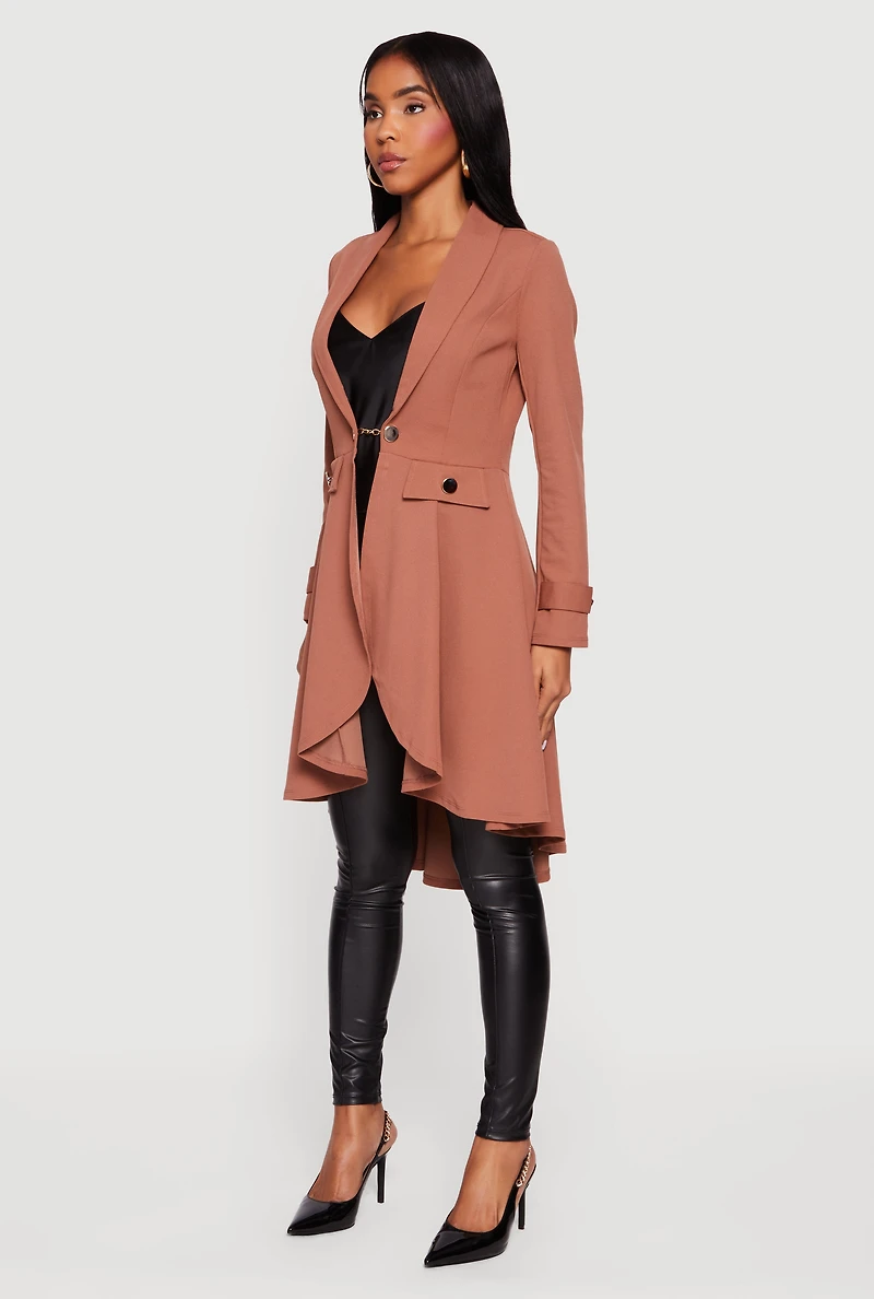 Womens High Low Blazer with Chain Closure, Brown, Size M