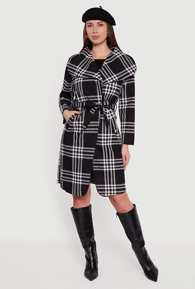 Womens Trendy Plaid Fleece Wrap Coat with Tie Waist Belt,