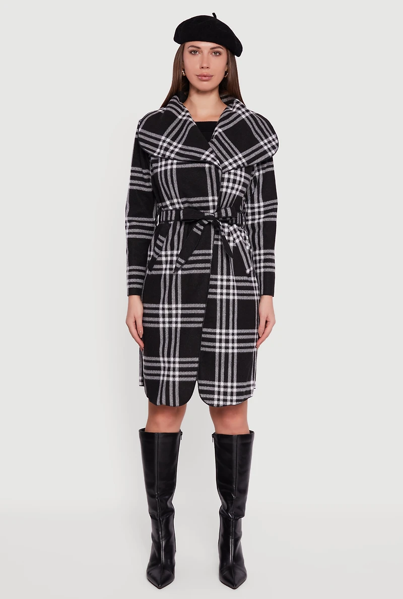 Trendy Plaid Fleece Wrap Coat with Tie Waist Belt