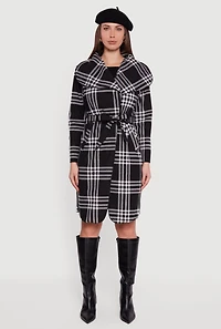 Trendy Plaid Fleece Wrap Coat with Tie Waist Belt