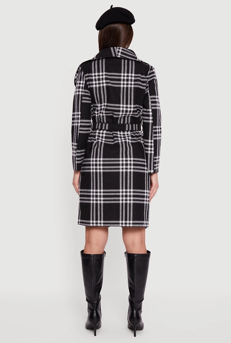 Trendy Plaid Fleece Wrap Coat with Tie Waist Belt
