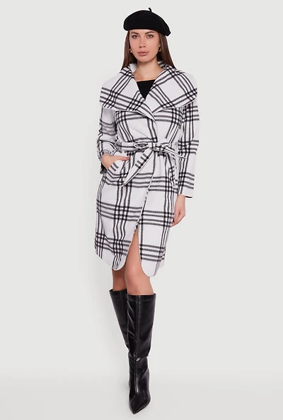 Womens Trendy Plaid Fleece Wrap Coat with Tie Waist Belt, White, Size XL