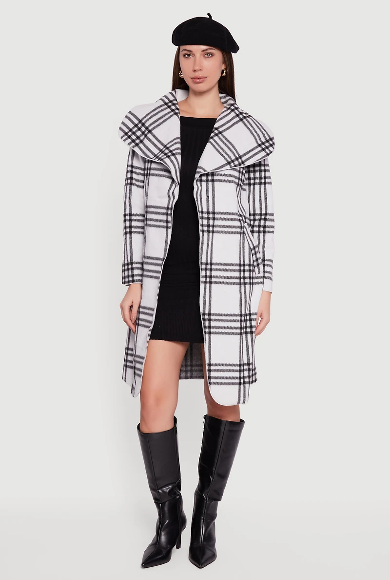 Womens Trendy Plaid Fleece Wrap Coat with Tie Waist Belt, White, Size XL
