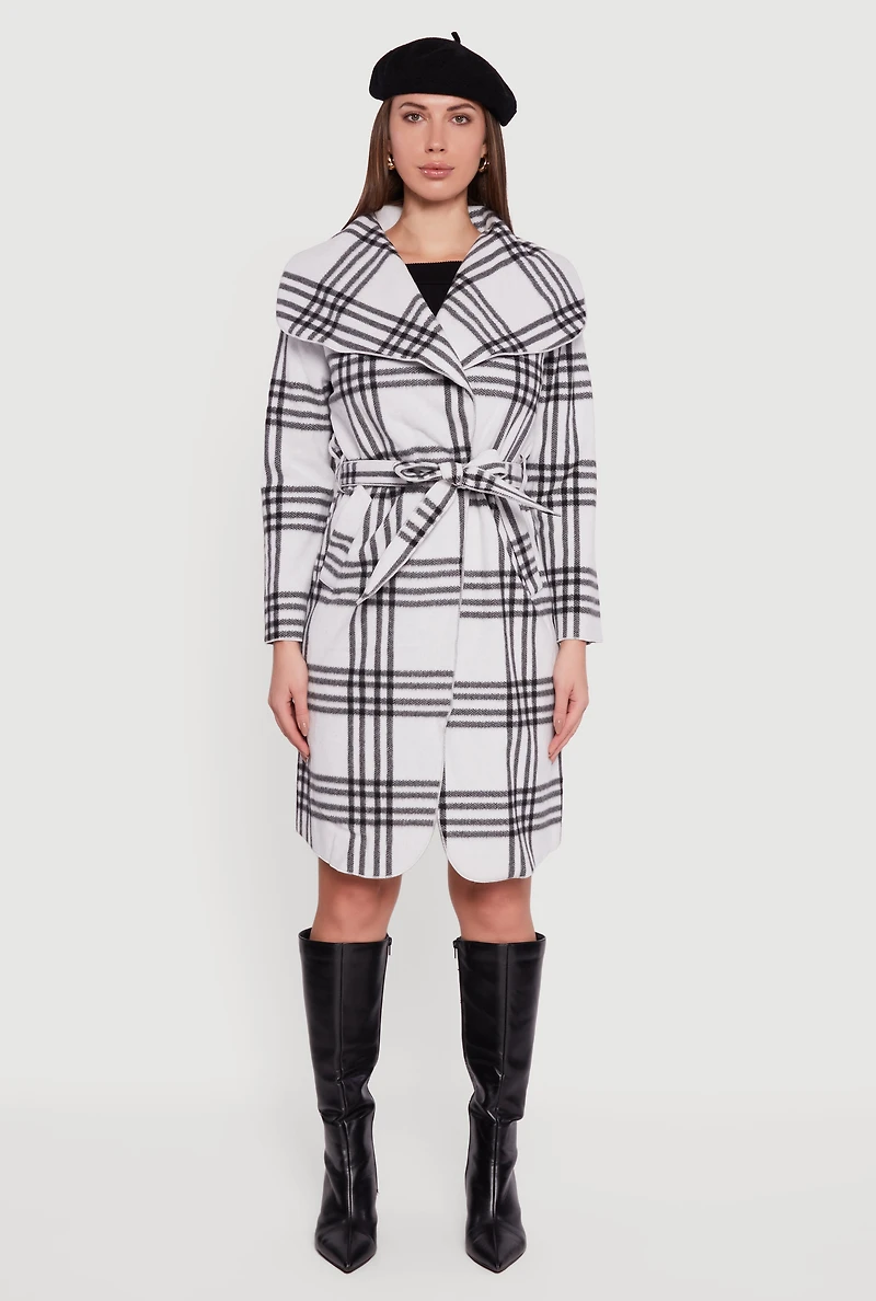 Womens Trendy Plaid Fleece Wrap Coat with Tie Waist Belt, White, Size XL