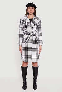 Womens Trendy Plaid Fleece Wrap Coat with Tie Waist Belt, White, Size XL