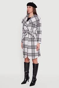 Womens Trendy Plaid Fleece Wrap Coat with Tie Waist Belt, White, Size XL