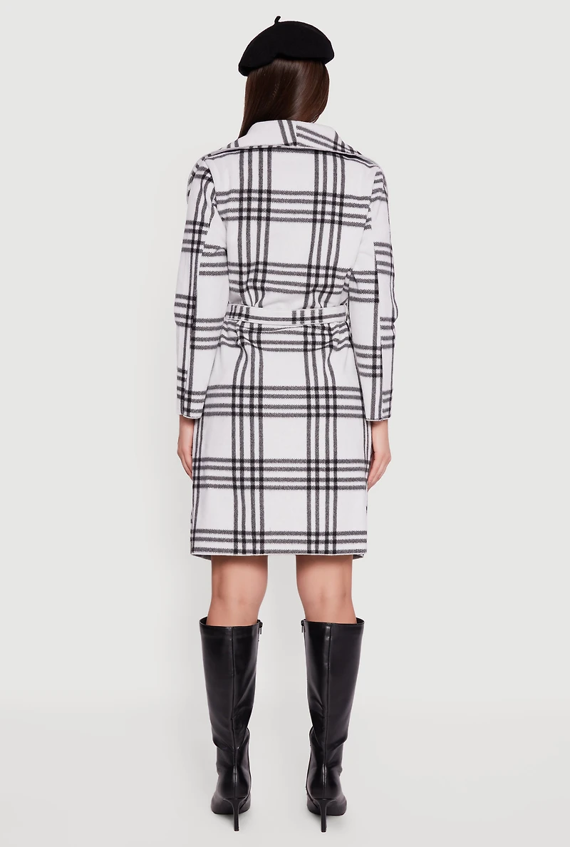 Trendy Plaid Fleece Wrap Coat with Tie Waist Belt