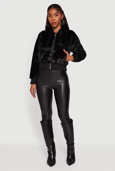 Womens Pom Drawstring Hooded Faux Fur Jacket,