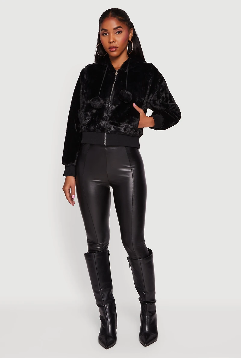 Pom Drawstring Hooded Faux Fur Jacket