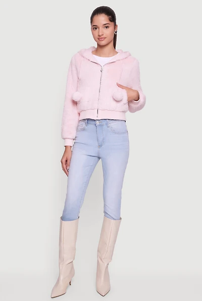 Pom Drawstring Hooded Faux Fur Jacket