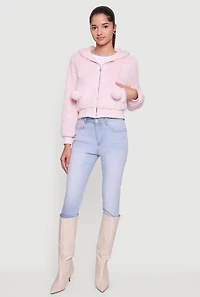 Pom Drawstring Hooded Faux Fur Jacket