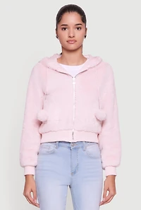 Pom Drawstring Hooded Faux Fur Jacket