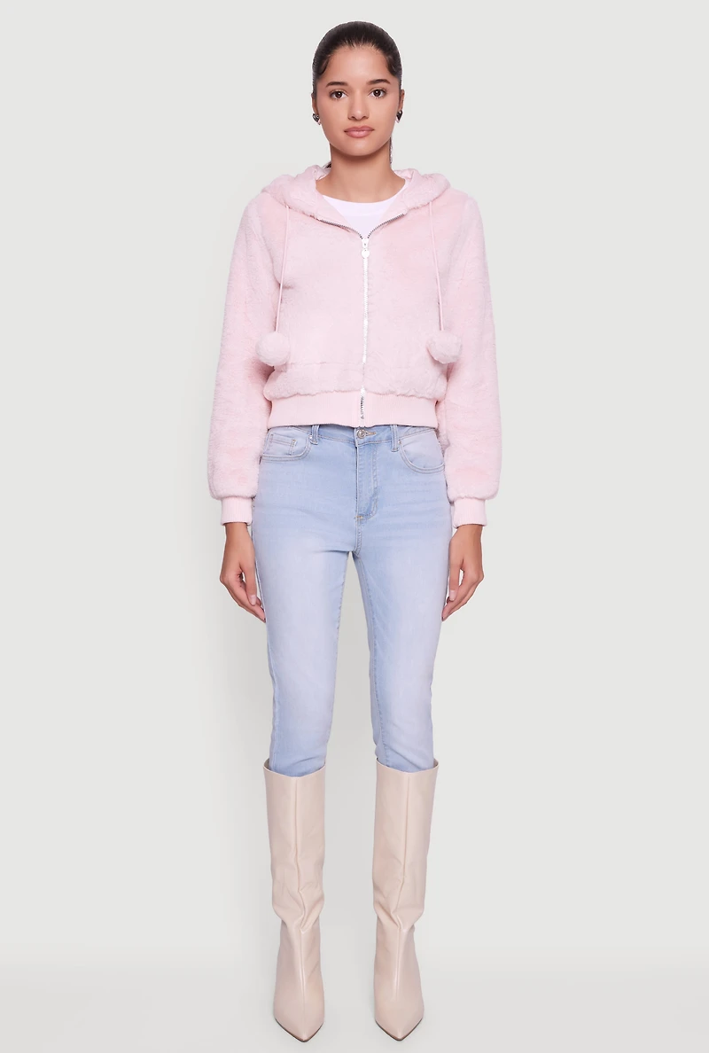 Pom Drawstring Hooded Faux Fur Jacket