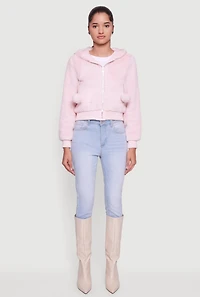 Pom Drawstring Hooded Faux Fur Jacket