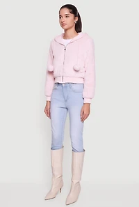 Pom Drawstring Hooded Faux Fur Jacket