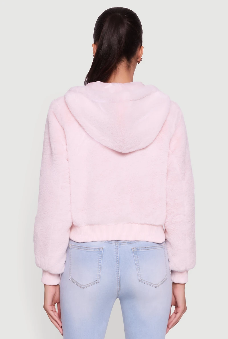 Pom Drawstring Hooded Faux Fur Jacket
