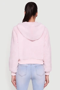 Pom Drawstring Hooded Faux Fur Jacket