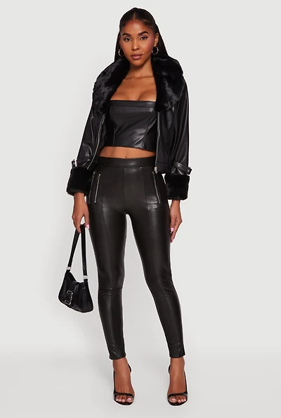 Womens Faux Fur Trim Leather Jacket, Black,