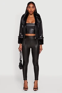 Womens Faux Fur Trim Faux Leather Jacket, Black, Size XL