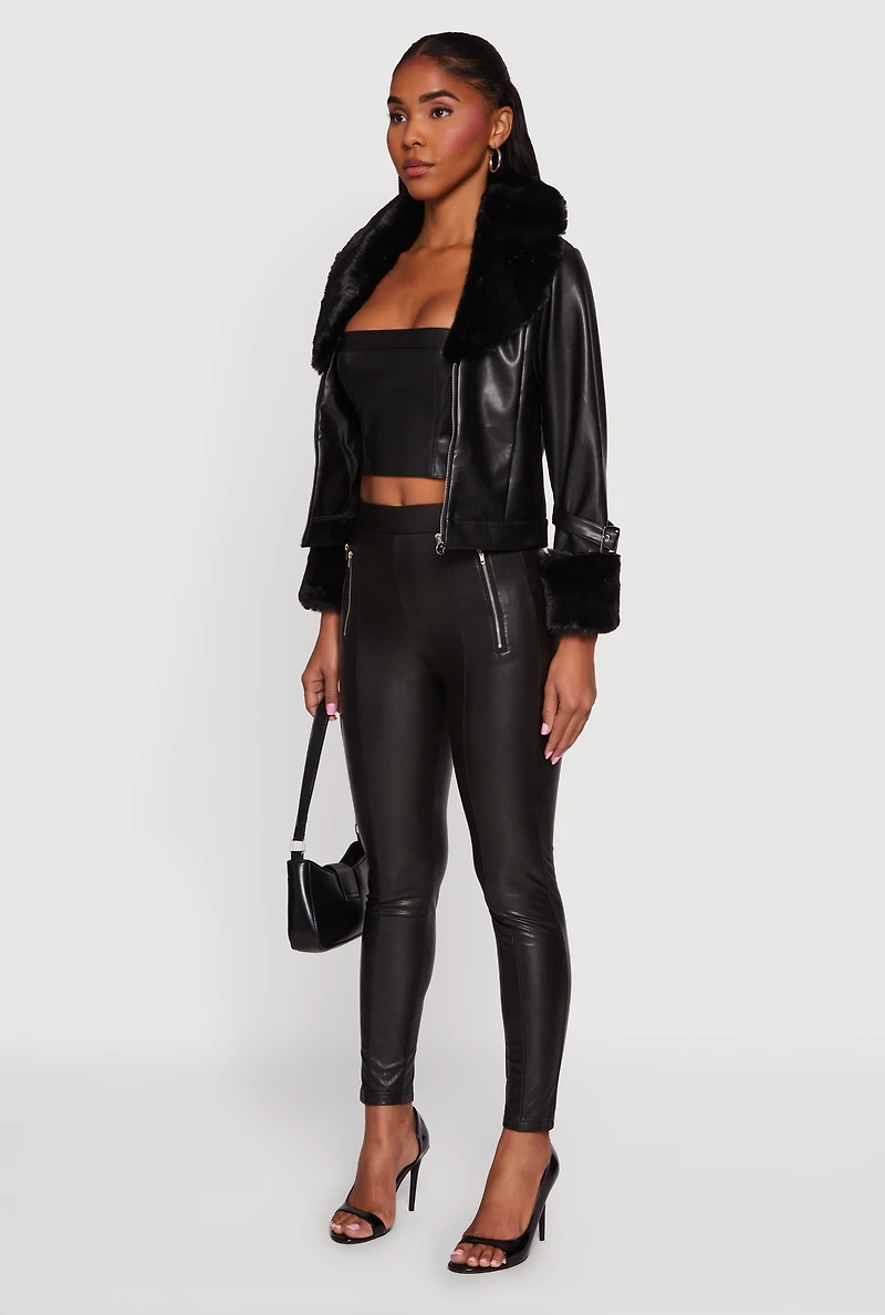 Womens Faux Fur Trim Faux Leather Jacket, Black, Size XL