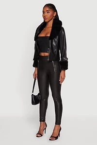 Womens Faux Fur Trim Faux Leather Jacket, Black, Size XL