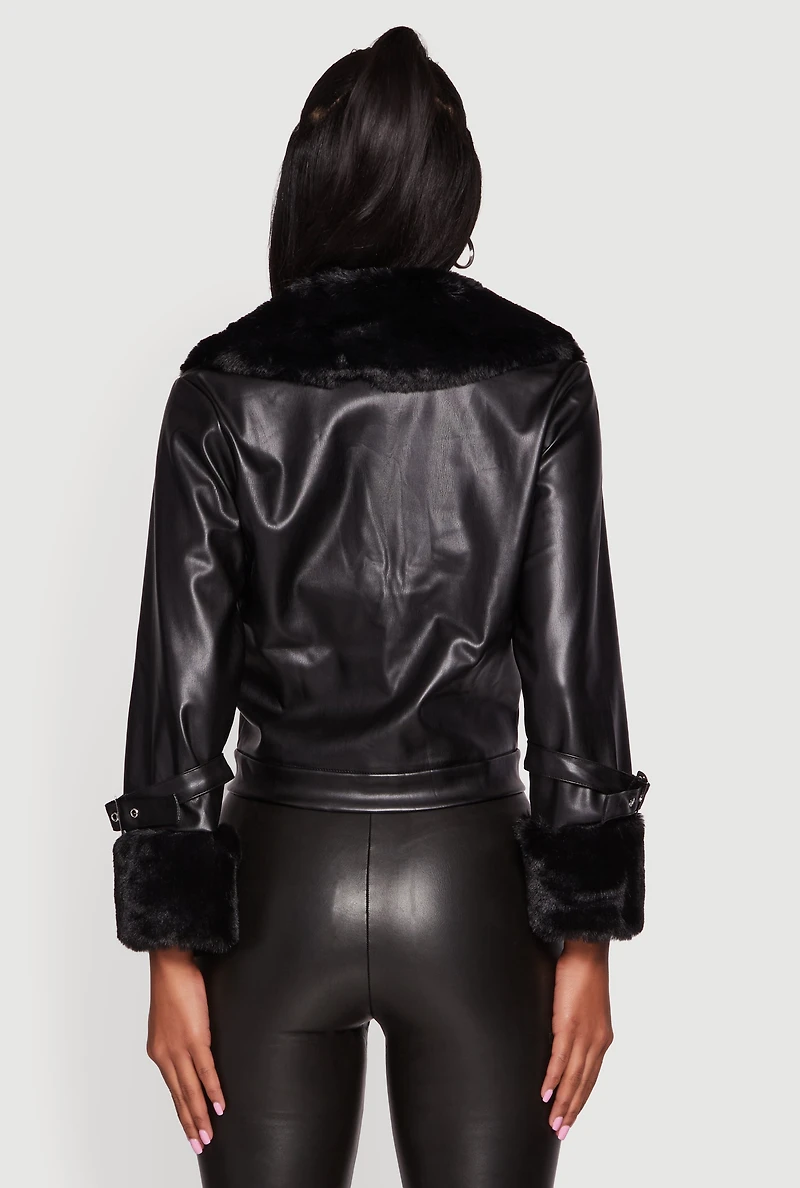 Womens Faux Fur Trim Faux Leather Jacket, Black, Size XL