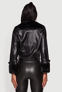 Womens Faux Fur Trim Faux Leather Jacket, Black, Size XL