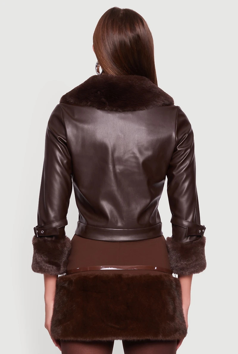Faux Fur Trim Leather Jacket