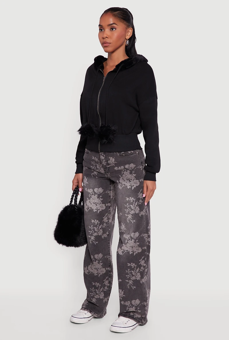 Faux Fur Trim Zip Front Hoodie with Pom Poms