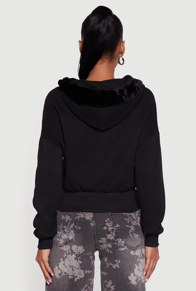Faux Fur Trim Zip Front Hoodie with Pom Poms