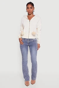 Faux Fur Trim Zip Front Hoodie with Pom Poms