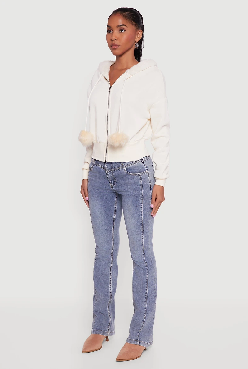 Faux Fur Trim Zip Front Hoodie with Pom Poms