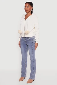 Faux Fur Trim Zip Front Hoodie with Pom Poms