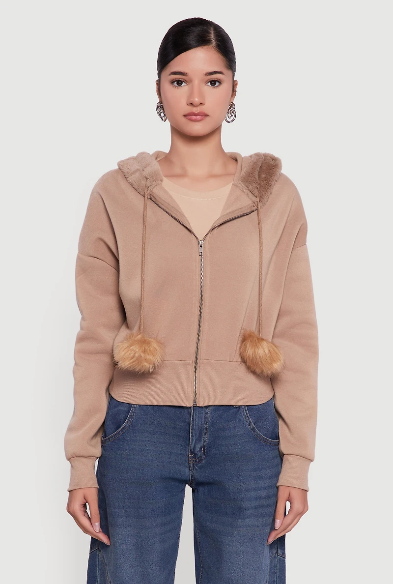 Womens Faux Fur Trim Zip Front Hoodie with Pom Poms,