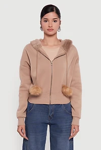 Womens Faux Fur Trim Zip Front Hoodie with Pom Poms,